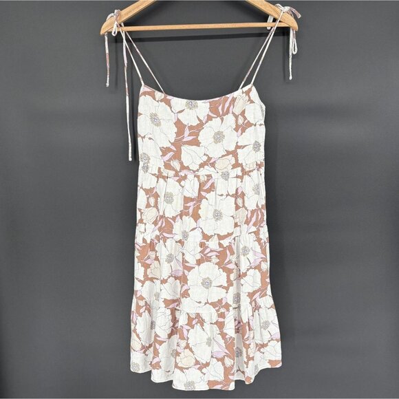 Abercrombie & Fitch Floral Tiered Dress S Brown White Linen Blend Y2k Sundress - Picture 1 of 11